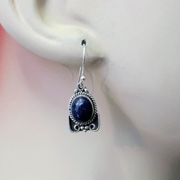 Lapis  Earrings, Sterling Silver, Pierced, Blue Stone, Dangle, Ear Wires - Picture 2 of 3
